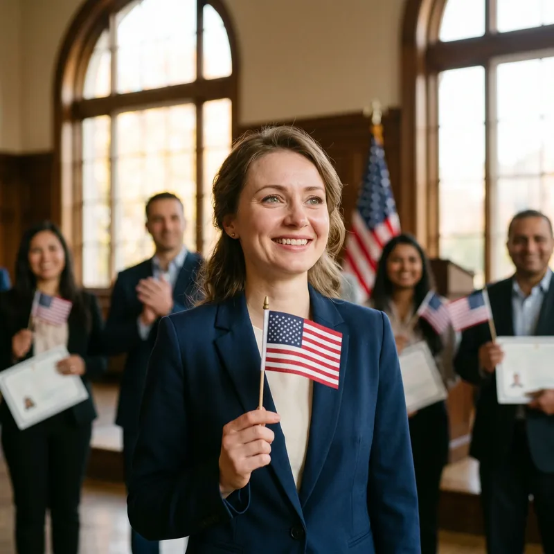 Smiling new citizen holding an American flag at her naturalization ceremony