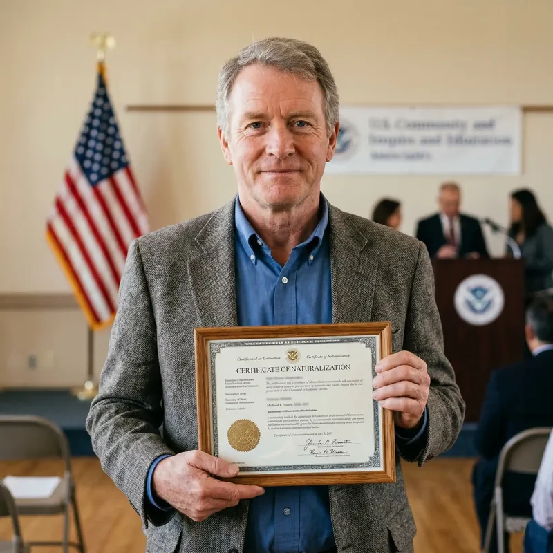 Proud new citizen displaying his framed Certificate of Naturalization