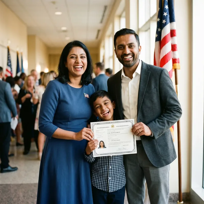 Joyful family celebrating with their Certificate of Naturalization